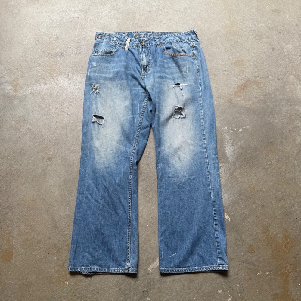 Tokyo Five Mens Distressed Straight Leg Jeans Blue Medium Wash 38x32